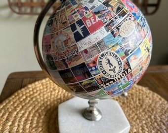Retro World Globe with Travel Stamps - Marble Base & Metal Stand