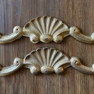 Vintage Brass Fan Shell Appliqués Pair | Hollywood Regency Furniture Mounts
