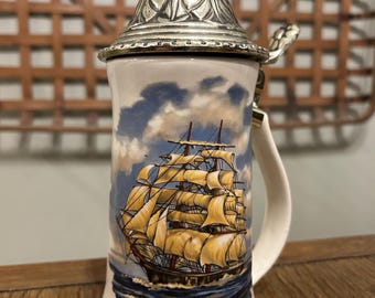 Vintage Nelson McCoy Pottery Nautical Ship Beer Stein Mug with Hinge Lid | Coastal Barware | Coastal Decor