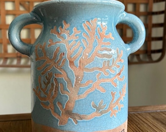 Coastal Terracotta Utensil Holder | Coral Design Crock | Blue Crackle Glaze Kitchen Decor | Beach Cottage Style