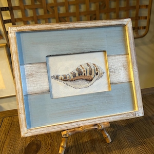 Vintage Coastal Shell Needlepoint Framed Wall Art | Seashell Textile Picture | Beach Cottage Decor | Nautical Ocean Art