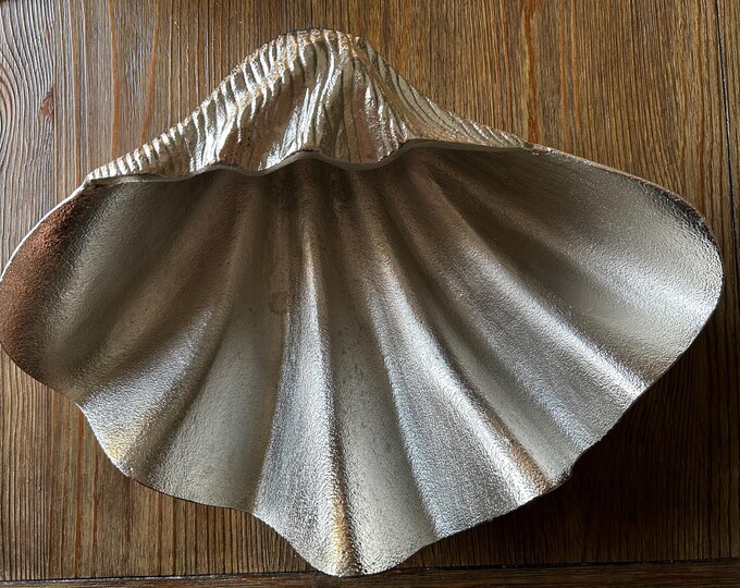 View of LARGE Coastal Glam Seashell Footed Decorative Bowl, Textured Chrome ...