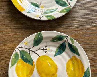 Set of 2 Pier 1 Imports Lemon Plates 9” – Italian Amalfi Citrus Decor – Hand Painted Dessert / Salad Plates