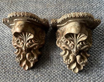 Vintage Hollywood Regency Coastal Wall Shelves – Set of 2 Gold Shell Wall Corbels – Ornate Baroque Style Sconces – Beach Luxe Decor