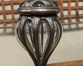 Vintage Bubble Glass Apothecary Jar 11” Tall with Silver Tone Lid | Hollywood Regency Decor | Made in India