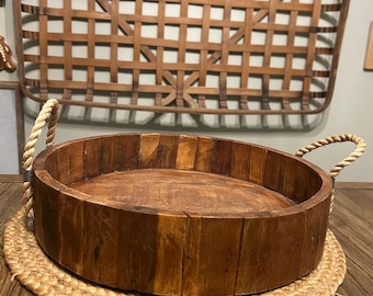 Large Vintage Wooden Round Serving Bowl Tray | Rustic Farmhouse Nautical Wood Tray | Primitive Wood Bowl Tray | Cabin Decor Centerpiece