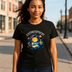 Camiseta de gato, camiseta de gato espacial, divertida camiseta de gato astronauta de la catosfera, camiseta de gato negro galáctico, regalo para amantes de los gatos espaciales, amante de los gatos, regalo para ella