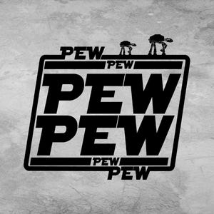 May include: A black graphic design featuring the repeated text PEW in various sizes arranged within a rectangular border. Two small black silhouettes of four-legged walking machines are positioned above the text on the top border line.