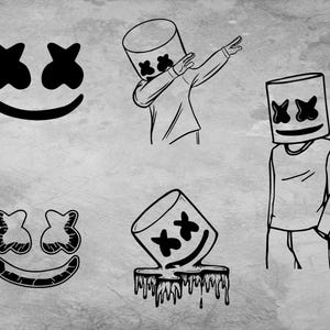 May include: A collection of black line art illustrations featuring the Marshmello character. The designs include two face icons, a figure performing a dab pose, a figure standing with hands in pockets, and a melting helmet icon on a grey background.