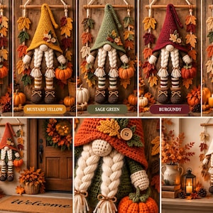 May include: A collection of five crocheted gnome wall hangings in rust orange, mustard yellow, sage green, burgundy, and cream, each featuring braided white hair, a pointed hat with leaf accents, and a small crocheted pumpkin.