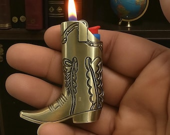 Western Cowboy Boot Lighter Cover for BIC Mini J5 – Retro Vintage Metal Case