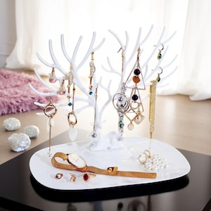 Jewelry Organizer Stand – Earring, Necklace and Ring Holder | Desktop Display Tray Tree with Storage Box, Makeup & Vanity Decor