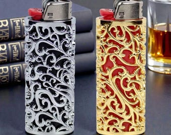 Retro Hollow Metal Lighter Case, Cutout Sleeve Holder, Fits BIC Standard Size