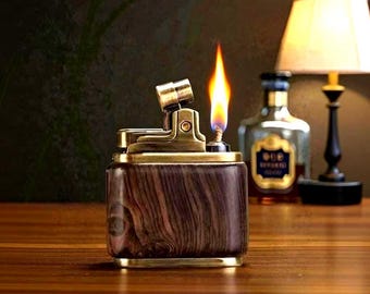 Retro Wooden Kerosene Lighter, Brass Core Refillable Oil, Vintage Style Gift Men