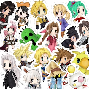 May include: A selection of vibrant stickers depicting anime-style characters. The stickers showcase characters with unique hairstyles, clothing, and accessories. The characters are from the Final Fantasy and Kingdom Hearts series.