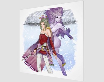May include: A print featuring two anime-style characters. One character is in a red and white outfit with a cape, and the other is a purple-skinned humanoid. The background depicts a snowy landscape.