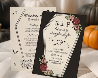 Invitación de despedida de soltera "Descansa en paz" (RIP a su apellido), invitación de fiesta "Hasta que la muerte nos acompañe", despedida de soltera "Descansa en paz" (RIP a su apellido), despedida de soltera