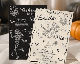 Pode incluir: Dois cartões de convite com tema de Halloween com ilustrações de esqueletos e o texto "Bride or Die" e "Weekend Event". Os cartões são colocados em um fundo de abóboras pretas e laranja e morcegos decorativos. O convite inclui detalhes do evento.