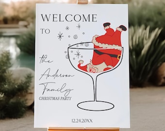 Editable Christmas Welcome Sign, Funny Santa Holiday Sign, Christmas Party Decor, Santa in Glass Poster, Holiday Party Template