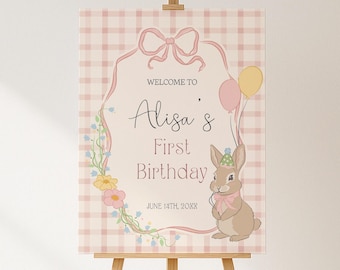 Certains lapin est un modèle de plaque de bienvenue, modifiable fille lapin 1er anniversaire rose signe imprimable décoration, premier anniversaire de lapin, B5