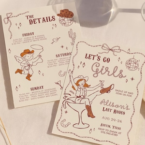 Last Rodeo Bachelorette Einladung & Reiseplan, Nashville Bachelorette Wochenende Einladen, Disco Cowgirl Western Country, Lets Go Girls
