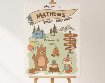 Plantilla de cartel de bienvenida para campistas felices, cartel de bienvenida para campamento, cartel de bienvenida para el bosque, póster de fiesta salvaje en el bosque