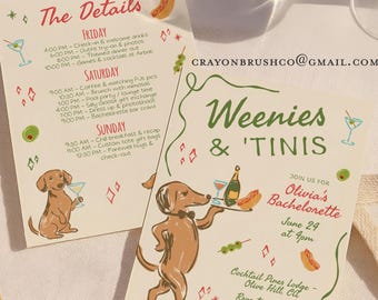 Tinis and Weenies Bachelorette Party Invitation, Dinner and Drinks, Martinis and Hot Dogs, Weenies and tinis birthday invitation