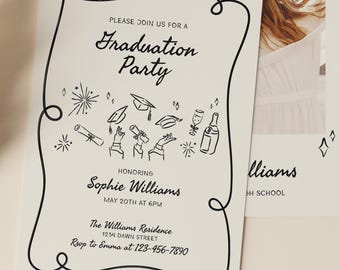 Doodle Style Graduation Invitation Template, Senior Graduation Announcement, Graduation Party Template, Hand Drawn Graduation party invite
