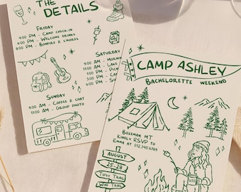 May include: Two white cards with green illustrations and text. One card says "The Details" with a schedule. The other says "Camp Ashley Bachelorette Weekend" with a camping scene and event details.