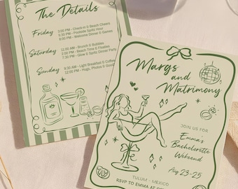 Invitación de despedida de soltera de Margs and Matrimony, invitación para un viaje de chicas margaritas, itinerario editable para un fin de semana con tequila, plantilla para fiesta de cumpleaños