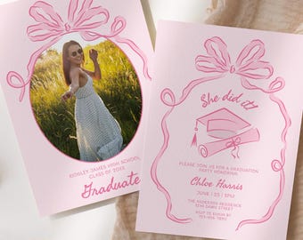 Whimsical Pink Bow Photo Graduation Party Invitation Card Template DIY Hand Drawn Doodle Graduate Card Senior Announcement Graduation invite