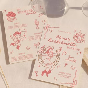 May include: Two invitation cards with a pink and gold cowboy theme. One card reads "The Weekend Events" and the other says "Olivia's Bachelorette Weekend" with event details. A glass and papaya slice are in the background.