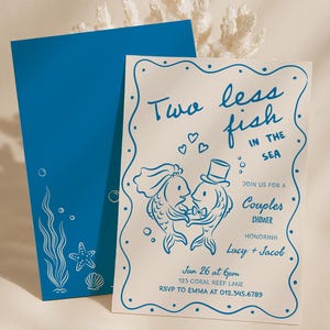 Modèle d&#39;invitation de douche nuptiale de deux poissons de moins dans la mer, invitation de douche de mariage de couples de pêcheurs, douche nuptiale de pêche, nuptiale de mer d&#39;océan