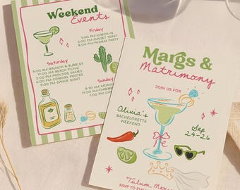 Margs and Matrimony Uitnodiging vrijgezellenfeest en reisschema, Final Fiesta Bachelorette, Bach Weekend-uitnodiging, Margarita Birthday