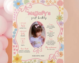 Plantilla de tablero de hitos de flores silvestres, decoración floral editable e imprimible para el primer cumpleaños de niña, tamaño A4