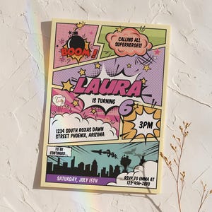 Superhero Invitation, Comic Birthday Party Invite, Editable Superheroes Birthday Invite, Comic Book Invitation Superhero girl Invitation SH1