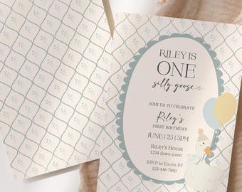 One Silly Goose Birthday Invitation Template, Editable Boy 1st Birthday Blue Printable Invite, Blue vintage Silly Goose First Birthday