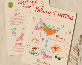 Bikinis and Martinis Bachelorette Party Itinerary, Cape Cod Girls Trip Invitation, Travel Itinerary, Beach Bachelorette, Bridal shower A3