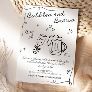 Bubbles and Brews Couples Shower Invitation Template, Brews and Bubbly Bridal Shower Invite, Printable, Hand draw bridal shower invitation