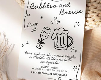 Bubbles and Brews Couples Shower Invitation Template, Brews and Bubbly Bridal Shower Invite, Printable, Hand draw bridal shower invitation