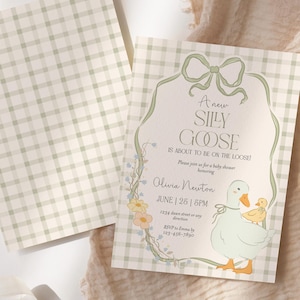 Silly Goose Baby Shower Invitation Mother Goose and Gosling Baby Shower Invite Editable Gender Neutral Baby Shower Evite Template Gingham A9