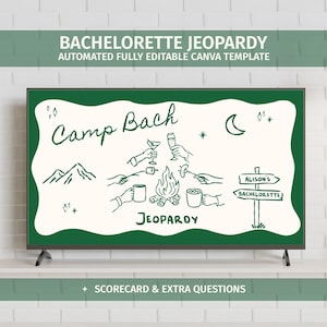 May include: A flat-screen TV displays a green-framed graphic for a Bachelorette Jeopardy game. The design features a campfire scene with text that reads "Camp Bach Jeopardy" and "Alison's Bachelorette". The TV sits on a white shelf.