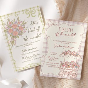 フレッシュオフザマーケットブライダルシャワー招待状テンプレート、編集可能な手描きファーマーズマーケットウェディングシャワー招待状、She's Off The Market B3
