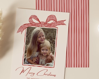 Holiday Photo Card Template | Christmas Bow Stripe Family Photo Card | Editable Happy Holidays Template | Instant Download
