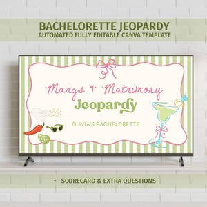 May include: A flat-screen TV displays a "Bachelorette Jeopardy" template with the text "Margs + Matrimony Jeopardy." The design includes illustrations of a margarita, sunglasses, and a chili pepper. The TV sits on a white shelf.