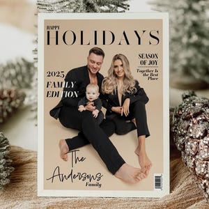 Holiday Photo Card Magazine Style, Custom Family Christmas Card, Modern Holiday Greeting Template image 1