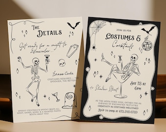 Vintage Halloween Party Invitation Template, Adult Halloween Party Invite, Halloween Costume Party, Cocktails and Costumes, Skeleton