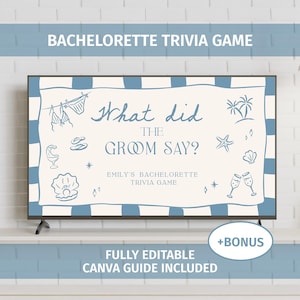 Puede incluir: Un juego de trivia de despedida de soltera digital que se muestra en una pantalla de televisión. El diseño presenta un esquema de color azul claro y crema con ilustraciones temáticas de playa y el texto "What did the Groom Say?" y "Emily's Bachelorette Trivia Game."
