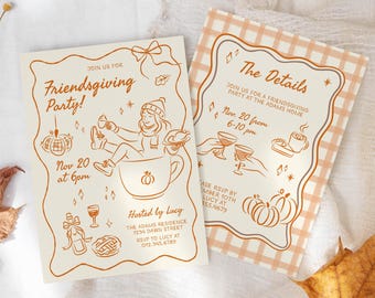 Friendsgiving Dinner Party Invitation for Fall Thanksgiving Potluck Invite Hand Drawn Holiday Dinner Party for Friends Thanksgiving Pumpkin