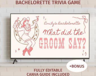 Juego de trivia de despedida de soltera del oeste: ¿Qué dijo el novio? (Descarga digital editable de Canva) Juego de beber de despedida de soltera del último rodeo